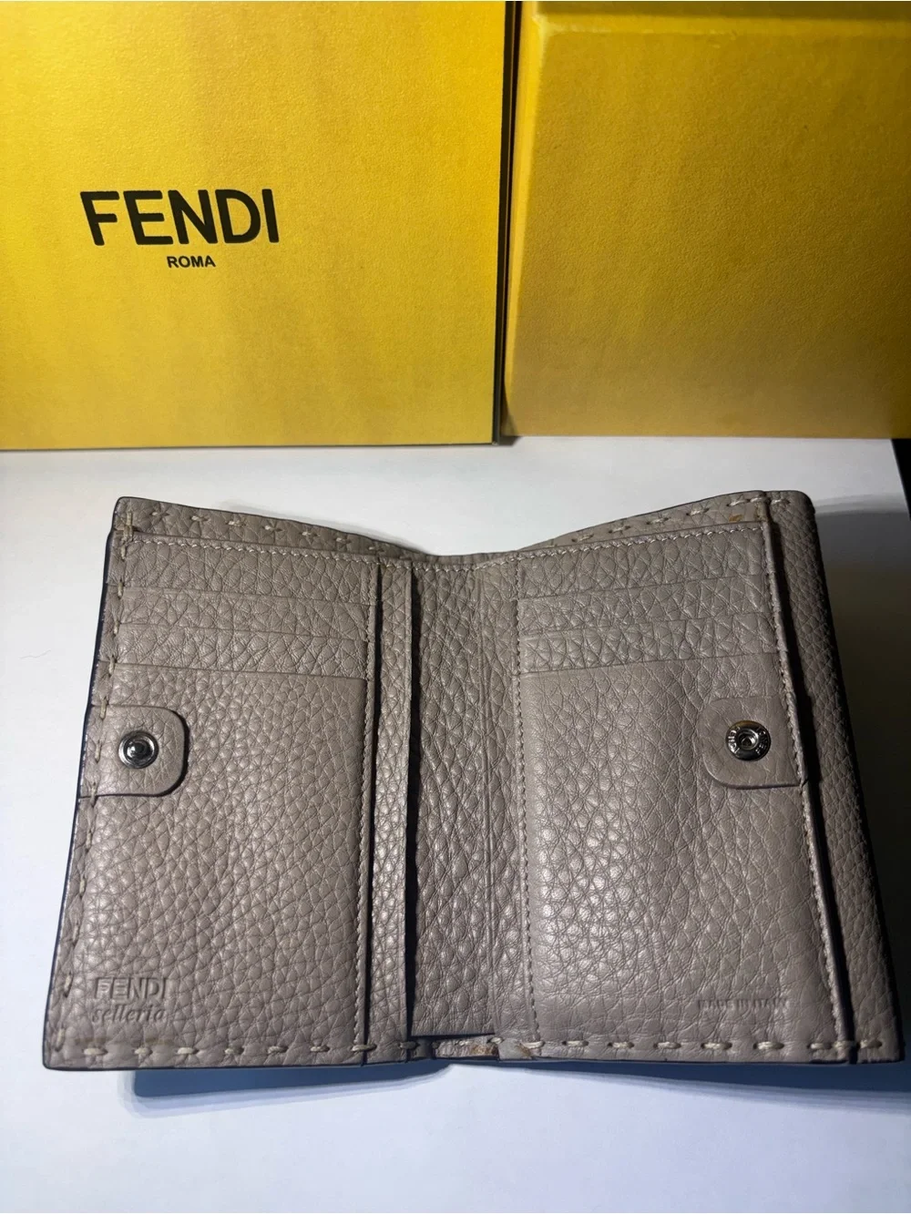 Fendi Medium Peekaboo Leather Bi-fold Wallet Gray/Tan WITH BOX Selleria
